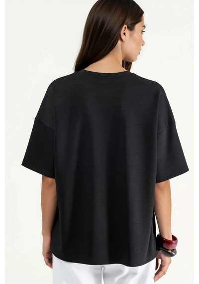 Hiccup Oversize Bisiklet Yaka Modal Touch Örme Tişört Siyah