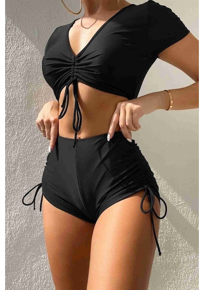 Angelsin Özel Tasarım Yarım Kol Büzgü Detaylı Bikini Üstü Siyah 001