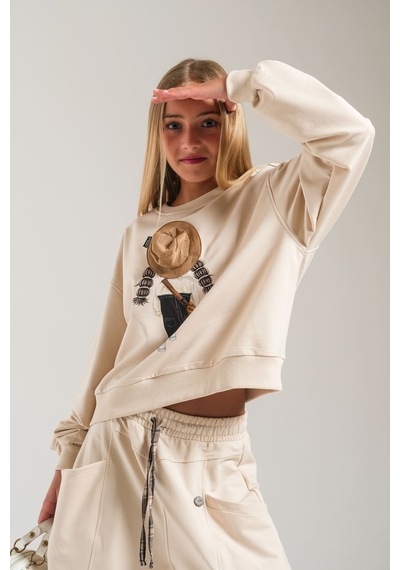 Loco Loco Bej Baskılı Şapka Aksesuarlı Çocuk Sweatshirt