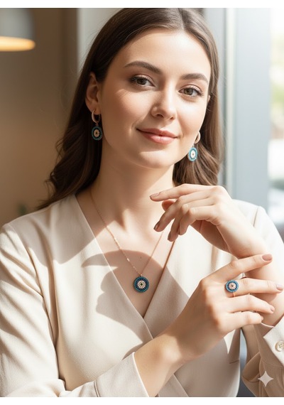 Safir, Turkuaz Ve Zirkon Kombinasyonlu Roz Kaplama Set Rose Gold