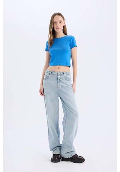 DeFacto Coool Fitted Crop Basic Düz Ribana Kalın Kumaş Kısa Kollu Tişört E0288AX25SMBE758