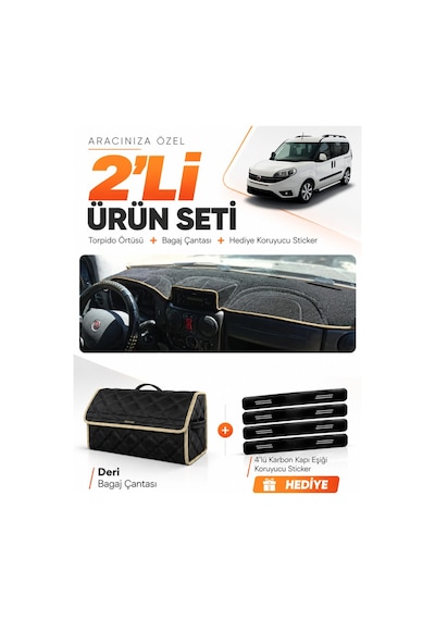 Fiat Doblo 2007-2015 Airbagli Küçük Ekran Uyumlu Torpido Örtüsü + Deri Çanta Seti - Siyah Bej