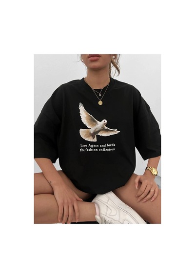 Kadın Kısa Kol Yazlık Tişört Bisiklet Yaka Güvercin Baskılı T-shirt - Siyah Diğer