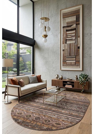 Etnik Kilim Desenli Pamuk Taban Yıkanabilir Baskılı Dekoratif Oval Halı Vizon Kahve