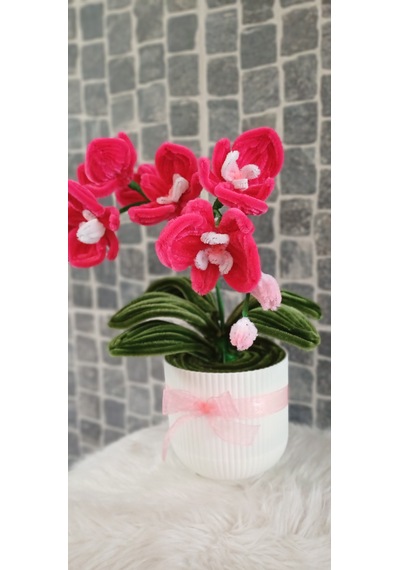 Yapay Saksılı Çiçek - Saksılı Orkide - Hediye Çiçek, Anneler Günü, Doğum Günü Çiçeği -35 Cm Fuşya