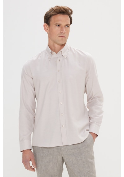 AC&Co / Altınyıldız Classics Erkek Bej Slim Fit Dar Kesim Düğmeli Yaka %100 Pamuk Oxford Gömlek 4A2000000051BEJM Bej