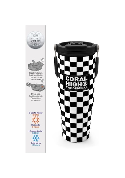 Coral High Siyah Beyaz Dama Desenli Pipetli Ve Direkt İçim Çelik Termos 900 Ml 38717 Çok Renkli