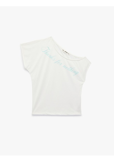 Koton Viskon Karışımlı Slim Fit Kısa Kollu Omzu Açık Baskılı Tişört Ekru 6sal10912ık