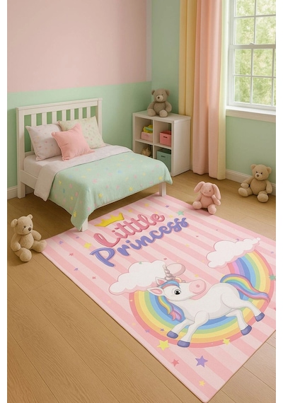 Gökkuşağı Unicorn Çocuk Odası Halısı Pembe