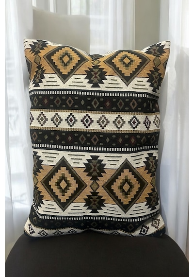 Kilim Desenli Kırlent Yüzü, Bohem Punch Kırlent Kılıfı, Nostaljik Desen Kırlent 45x45cm Sarı