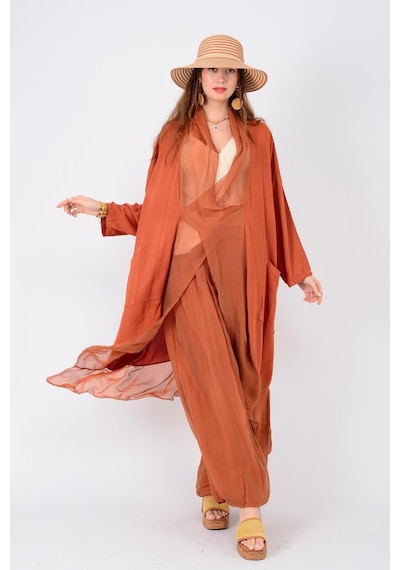Bohem Stil Italyan Ipek Detaylı Oversize Kap Bluz- Wes Pantolon Takım-8789 Kiremit