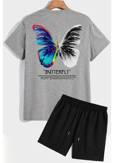 Uyguntarz Butterfly Sırt Baskılı Şort T-shirt Eşofman Takımı Gri