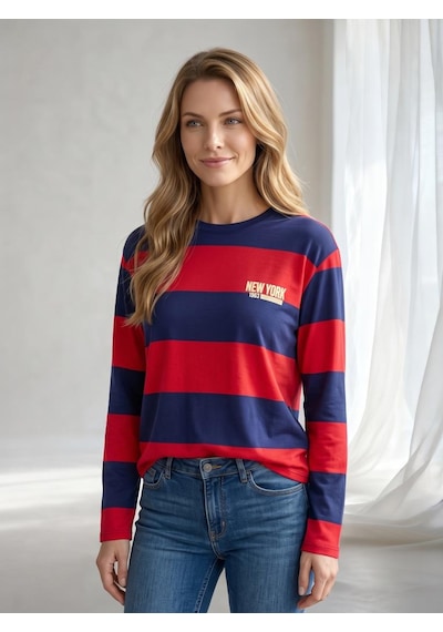 Nealirsanall.com Kadın Çizgili New York City Baskılı İnce Sweatshirt Lacivert