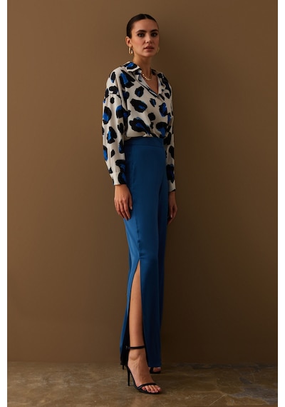 Sateen Yırtmaç Detaylı Saten Pantolon - İndigo