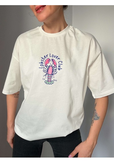 Ali Butik Ekru Lobster Lover Club Baskılı Tişört Ekru Ali Butik Ekru Lobster Lover Club Baskılı Tişört Ekru