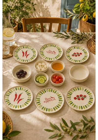 Green Bon Appetit 12 Parça 6 Kişilik Stackable Seramik Kahvaltı Takımı Lüx Sunum Seti Tabağı Beyaz