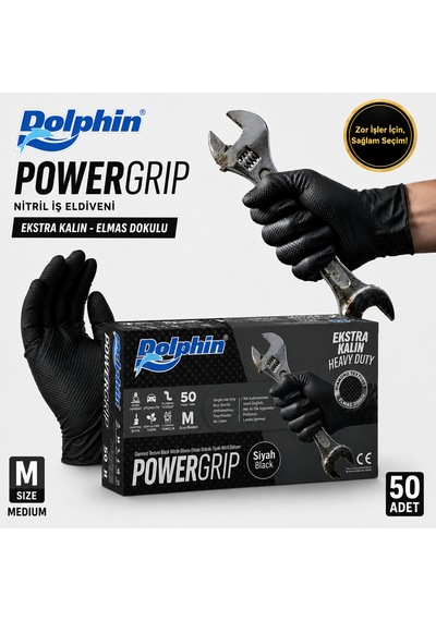 Dolphin Nitril Powergrip Ekstra Kalın Elmas Dokulu İş Eldiveni M 50'li Paket