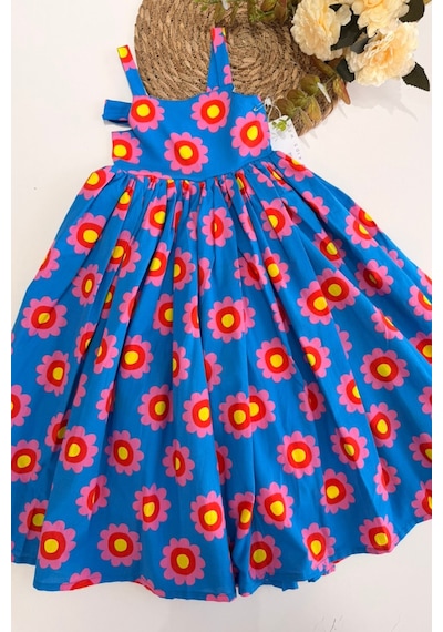 Cumino Kız Çocuk Retro Çiçek Desenli Askılı Elbise Çok Renkli
