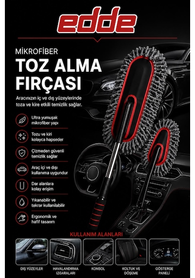 Edde Araba Araç Oto Mikrofiber Toz Alma Fırçası 2'li Set