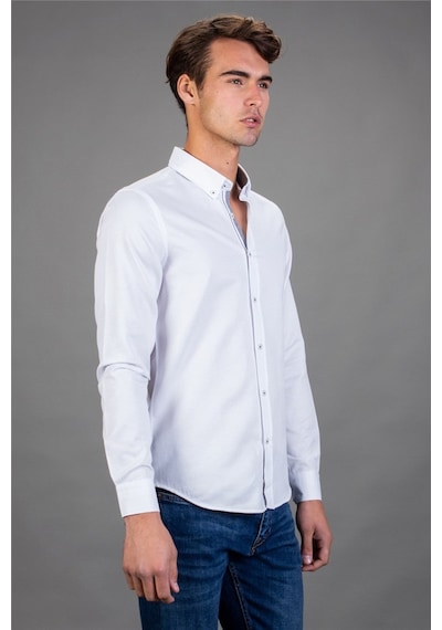 Tudors Slim Fit Dar Kesim Düz Spor Erkek Gömlek-16693 Beyaz