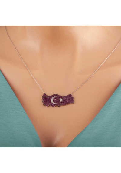 925 Ayar Gümüş Ay Yıldız Türkiye Haritası Kadın Kolye Beyaz