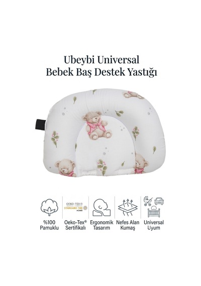 %100 Pamuklu Terletmez Bebek Baş Destek Yastığı Universal Puset Bebek Arabası Ve Oto Koltuğu Yolculuk Yastığı Oeko-tex Sertifikalı Ayıcık Desenli Beyaz