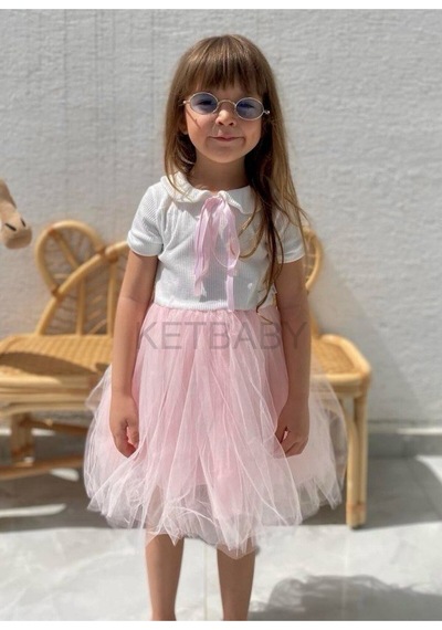 Ketbaby Kız Çocuk Kurdeleli Tül Etek Kısa Kol Elbise Pembe Pembe
