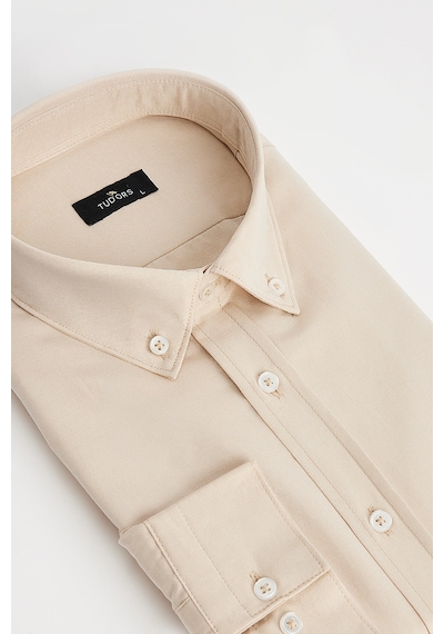 Tudors Erkek Slim Fit Dar Kesim Pamuklu Kolay Ütü Krem Düğmeli Yaka Gömlek-31588 Krem