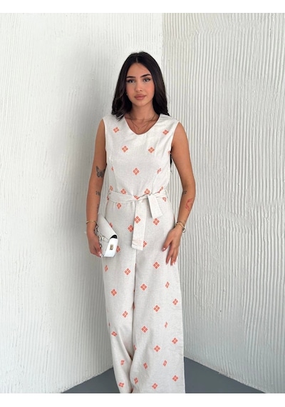 Sırt Dekolteli Keten Beyaz Tulum S1036 Beyaz