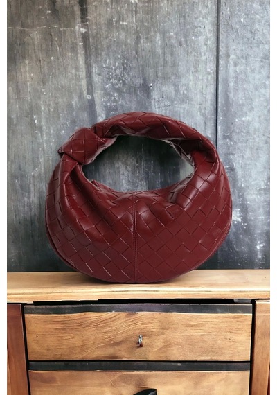 Glemix Helen Düğümlü Bordo Örgü Desen Trend Mini Kadın Bowl Bag Bordo Örgü Cilt