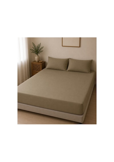 Çift Kişilik Lastikli Çarşaf Takımı 2 Adet Yastık Kılıflı 50x70 180x200+30 %100 Pamuk Haki