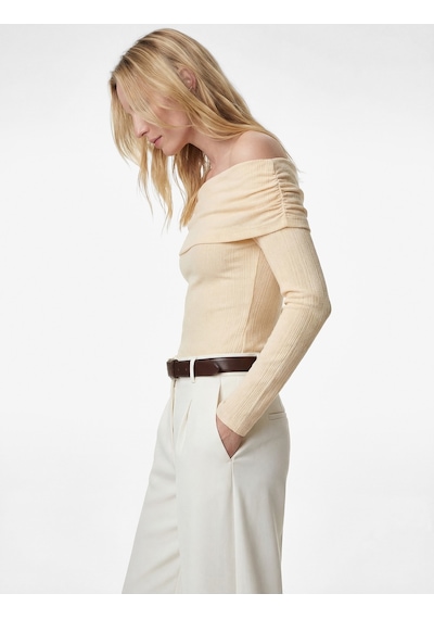 Koton Slim Fit Drape Detaylı Uzun Kollu Madonna Yaka Omzu Açık Bodysuit Sarı 6sak80049pk