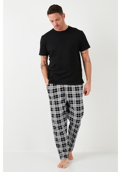 Buratti Ekoseli Pamuklu Beli Lastikli Regular Fit Kısa Kollu Erkek Pijama Takımı 6572004 Siyah