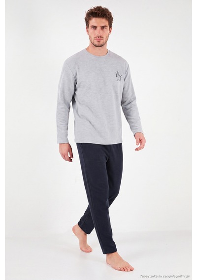 Buratti Yumuşak Dokulu Minimal Nakışlı Uzun Kollu Pijama Takımı Erkek Pijama Takımı 6575009 Gri Melanj