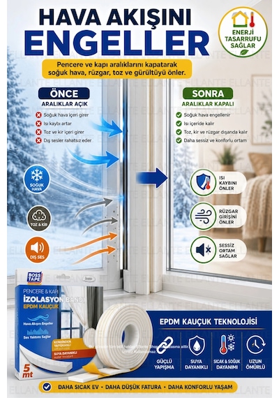 Kauçuk Pencere Kapı İzolasyon Bandı 5 Metre Kendinden Yapışkanlı Isı Ses Toz Rüzgar Yalıtım Bandı Be