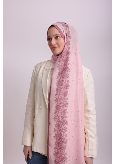 Ayshara Dantel Puan Desenli Tek Taraflı Şal - Pembe