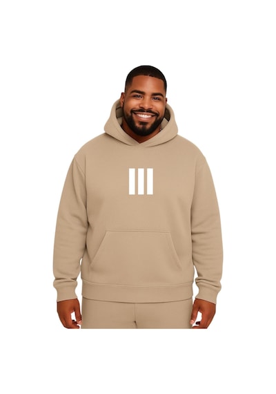 Benroma 3 Çizgi Baskılı Büyük Beden Unisex Sweatshırt Bej