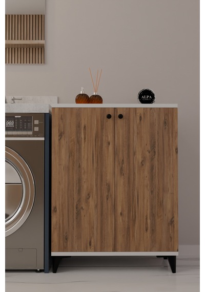Çok Amaçlı Banyo & Çamaşır Odası Dolabı, Ayarlanabilir Raflı, Kapaklı Modern Banyo Dolabı Beyaz - Atlantik Çam