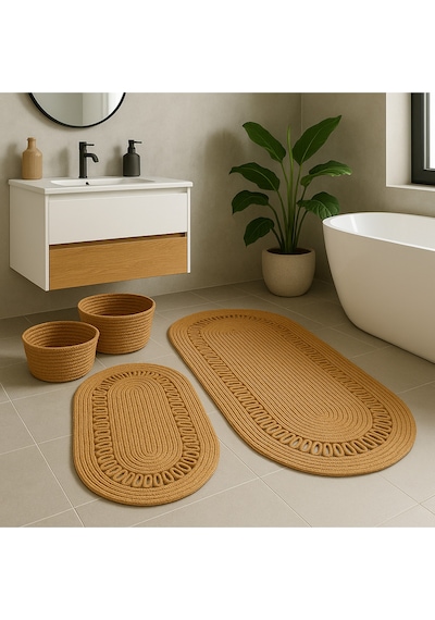 Mavaux Terra 4 Lü Banyo Seti 2 Li Oval Paspas & 2 Li Oval Sepet, Doğal Halat Dokuma, El Yapımı - Premium Hasır