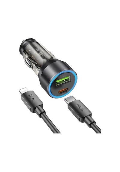 Hoco Nz12a Action Pd43w Usb + Type-c Araç Çakmaklık Hızlı Şarj Aleti + Type-c To İphone Lightning Ka- 5775