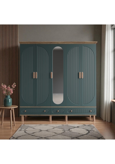 Comiet Sally 5 Kapaklı Aynalı Çekmeceli Mdf Gardırop Yeşil