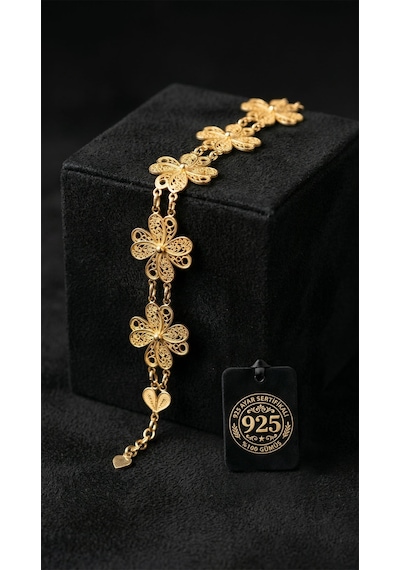 925 Ayar Geleneksel Telkari El İşi Altın Kaplama Dört Yapraklı Yonca Kelepçe Gümüş Bileklik Gümüş - Rodyum