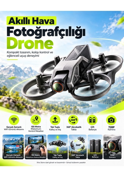 720p Kameralı Wifi Fpv Drone Çift Bataryalı 150 Metre Kontrol Mesafeli Tek Tuş Kalkış İniş 360 Takla
