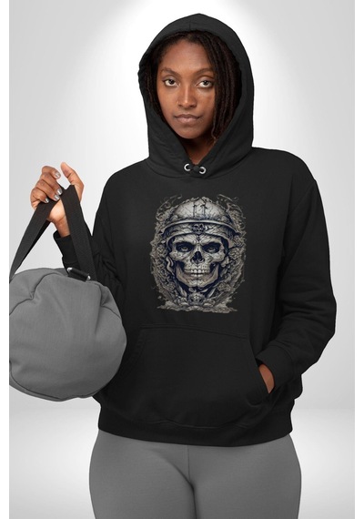 Kask Miğfer İskelet Asker Kadın Erkek Siyah Kapüşonlu Sweatshirt Hoodie Siyah