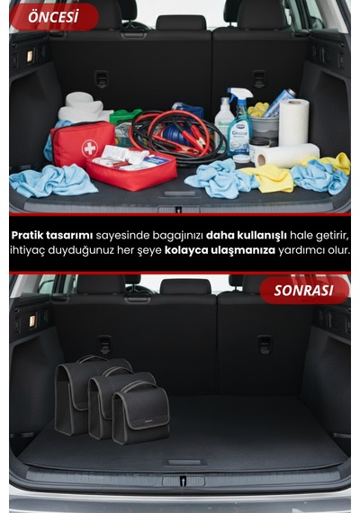 3'lü Cırtlı Keçe Kumaş Oto Bagaj Çantası Geniş Hacimli,dayanıklı,araç İçi Düzenleyici Siyah