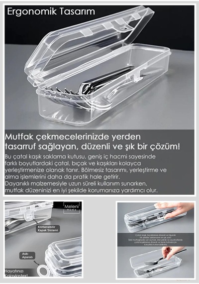 2 Adet Şeffaf Çatal Kaşık Bıçak Kırtasiye Kozmetik Çok Amaçlı Düzenleyici Kutu Kilitli Plastik 24 X Diğer
