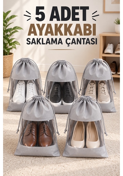 5 Adet Pencereli Ayakkabı Saklama Çantası Bezi Hurç Taşıma Seyahat Organizer Ayakkabı Düzenleyici Gri