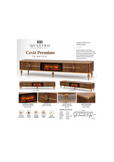Ceviz Premium Elektrikli Şömineli Tv Ünitesi Gold Detaylı 160 Cm Ceviz Premium Elektrikli Şömineli Tv Ünitesi Gold Detaylı 160 Cm