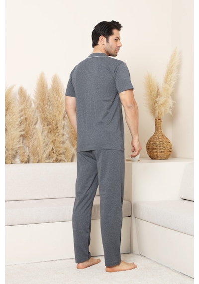 Enisena Erkek Boydan Düğmeli %100 Pamuklu Pijama Takımı 12385 Füme