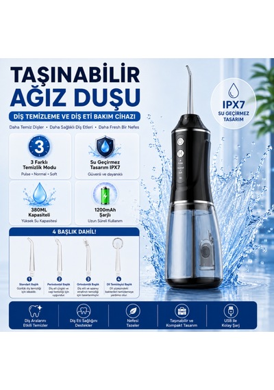 Coofbe Şarjlı Ağız Duşu Oral İrrigatör, 380 Ml, Ipx7 Su Geçirmez, 3 Temizleme Modu, 4 Başlıklı Taşınabilir Diş Temizleme Cihazı